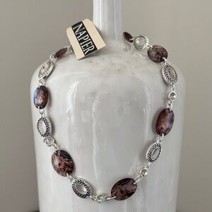 Napier Silvertone oval cut out, acrylic multicolor beveled iridescent beads